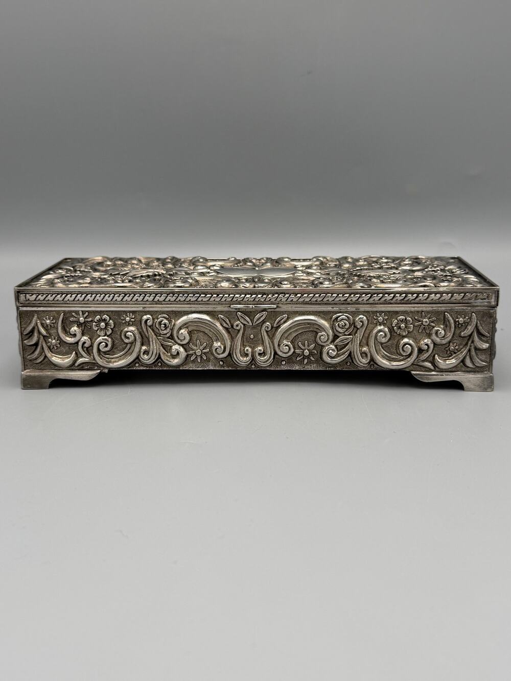Godinger Silver 1992 Ornate Jewelry Trinket Box Velvet Lined Engraved "Natalie"